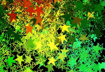 Dark Green, Yellow vector layout with bright snowflakes, stars.