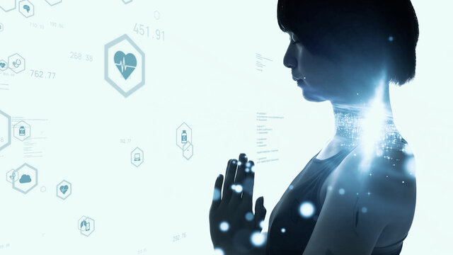 マインドフルネス　瞑想する女性とテクノロジー