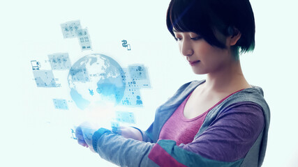 Young asian woman using a smart watch. Wearable device.
