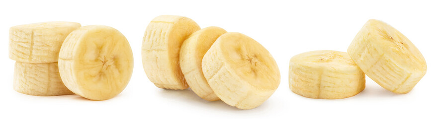 Delicious banana slices set, isolated on white background