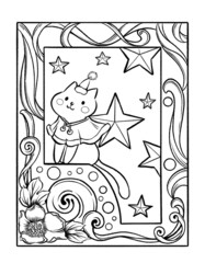 Christmas illustration. Cat, flower and stars, black and white, digital art.