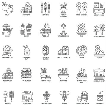 Outline Street Food and Food Truck flat vector icon collection set