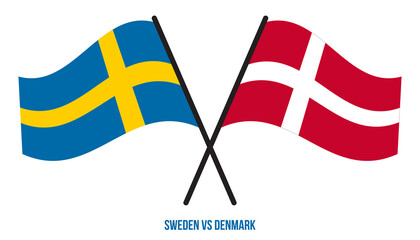Sweden and Denmark Flags Crossed And Waving Flat Style. Official Proportion. Correct Colors.