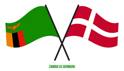 Zambia and Denmark Flags Crossed And Waving Flat Style. Official Proportion. Correct Colors.