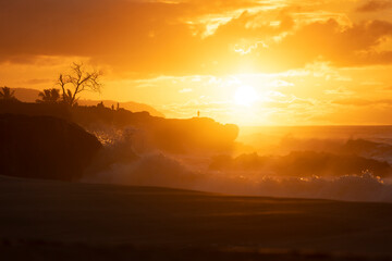 Sunset with ocean waves, rocks and trees at Hawaii