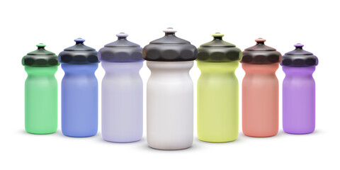 Set of 3d realistic color bicycle water bottles isolated on white background. Vector illustration