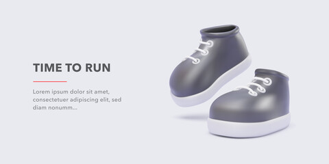 Banner with a pair of realistic black 3d sneakers with shadow and text. Vector illustration