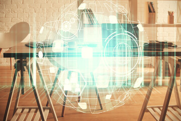 Double exposure of social network theme drawing and office interior background. Concept of web.