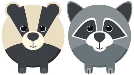 Raccoon and badger isolated on white background