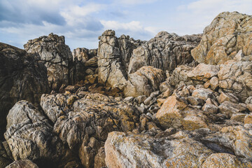 .Beautiful and wild rocky coast of France in vintage retro tones, vintage landscape of coastline of France