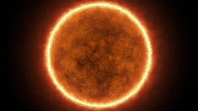 Approaching realistic burning sun solar surface with flares in space. 3d render 