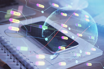 Double exposure of map drawing and cell phone background. Concept of data globalization