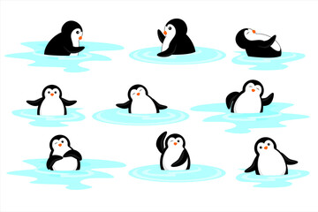 Set penguins. Cartoon Penguin playing in the water vector illustration