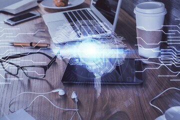 Double exposure of brain theme drawing and cell phone background. Concept of information