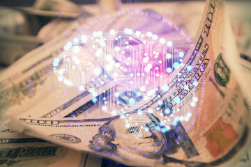 Double exposure of brain drawing over us dollars bill background. Technology concept.