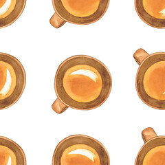 Clay cup or mug seamless pattern on white background. Watercolor hand drawing illustration. Brown tableware for design in textile or wallpaper.