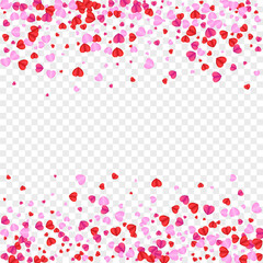 Violet Confetti Background Transparent Vector. Rain Pattern Heart. Pink Cute Backdrop. Red Confetti Isolated Frame. Tender Sweetheart Illustration.