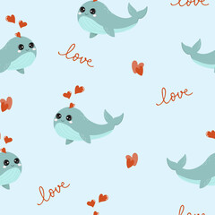 Seamless pattern with cute blue whale with hearts. Background for wrapping paper, greeting cards and seasonal designs. Happy Valentine's day.