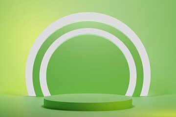 Obraz premium Warm green geometric podium with glowing circle and minimalistic elements background 3d illustration