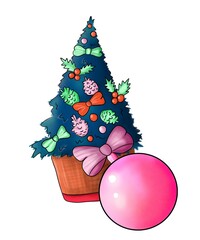 decorated Christmas tree in a wicker basket