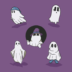 Hand drawn bundle of cute ghost character illustration when halloween comes