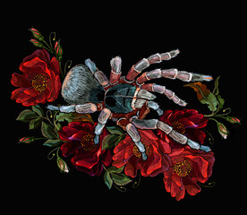 Embroidery wild red roses and tarantula spiders. Floral medieval gothic background. Fashionable template for clothes