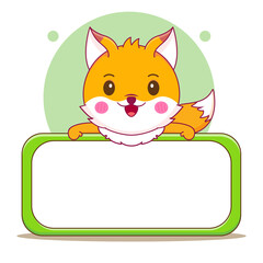 Cute fox with empty board cartoon character illustration chibi style isolated background