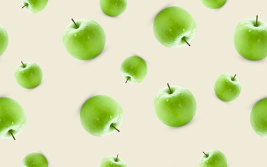 Seamless pattern from green apples on a light background.