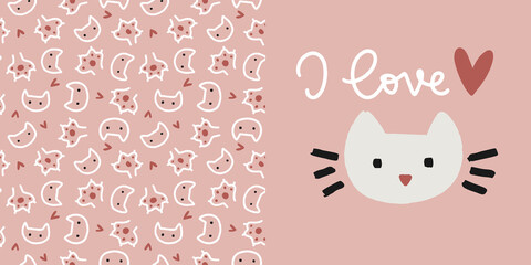 I love cat vector hand drawn accent print and coordinating seamless pattern design set for toddler girl, teenager or young woman home clothing.