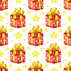 Watercolor illustration pattern red boxes with bow and stars. Holiday gifts, wrapped gift boxes, birthday, Christmas, New Year design elements. Isolated over white background. Drawn by hand.