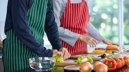 Professional chefs on apron master cooking healthy vegan food by preparing fresh ingredients of tomatoes, onions, and hand mixing with washed organic vegetables on wooden tray