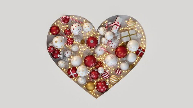 Heart shape of Christmas ornaments and presents. 3D render animation