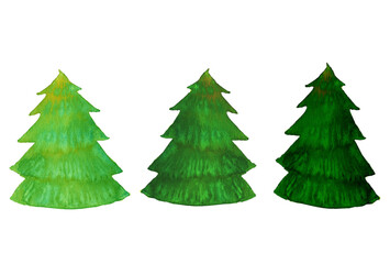 水彩イラスト素材：薄い黄緑色と濃い緑色の3本の樹木　複数の木
