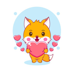 Cute fox holding love cartoon character illustration chibi style isolated background