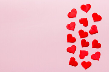 Valentine day background with red hearts, top view with copy space