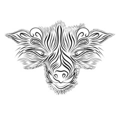 head of a shaggy boar with large fangs, black pattern on a white background