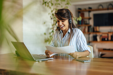 Happy caucasian woman, praising her company product