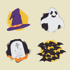 Bundle set illustration of bats, ghosts, tombstones and witch hats on halloween night