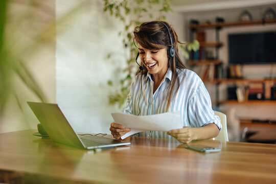 Happy caucasian woman, praising her company product