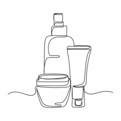 Vector abstract continuous one single simple line drawing icon of bottle with creams cosmetology cosmetics in silhouette sketch.