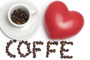 Espresso cup filled with coffee beans heart