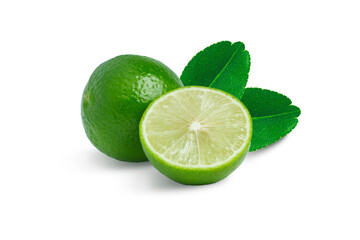 Lime with half and leaves isolated on white Background.