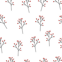 Winter Christmas plants, hand-drawn vector seamless pattern.