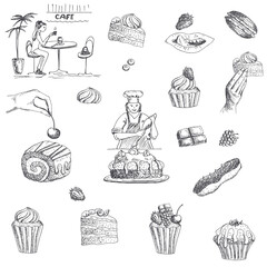 Chef making cakes, muffins. Sweet food, desserts. Girl in a cafe. Vector illustration of sweet life.