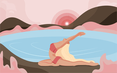 The woman is engaged in yoga. greets the sun. Vector illustration. 