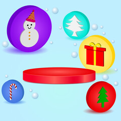 3d red circle podium. winter blue background with tree, giftbox, snowman, snowflakes and candy cane. colorful. suitable for background promotion or sale product