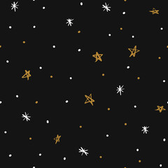 Obraz na płótnie Canvas Nigh sky seamless pattern. Hand-drawn stars and dots on dark background.