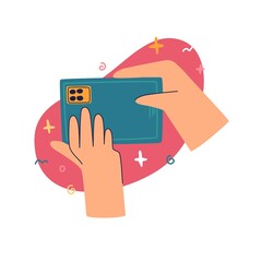 A human hand holds a phone. Icon of Take a photo with a smartphone . Modern Cartoon style. Vector