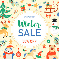 Winter sale background with many elements: cute characters, gifts, christmas toys, snowman, christmas tree and more. Vector illustration.