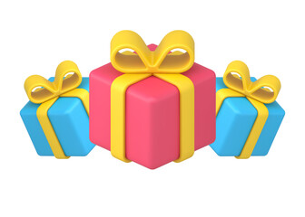 Three bright festive gift boxes wrapped by red and blue paper isometric 3d icon template vector
